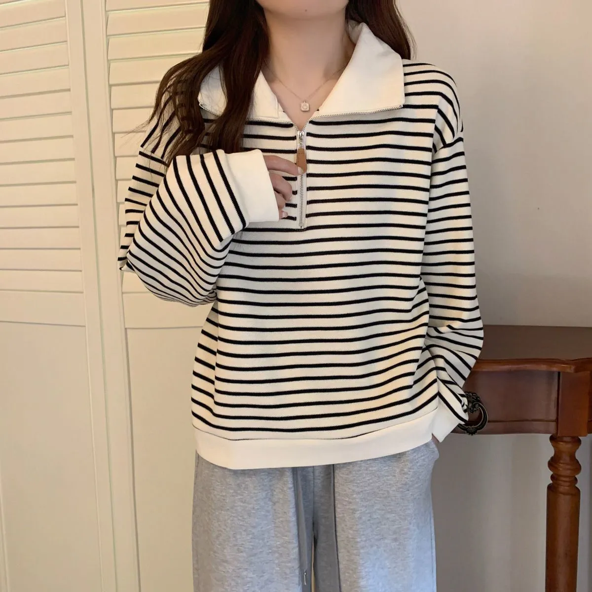 Women's Plus Size Striped Polo Sweatshirt - Autumn Loose Half-Zip Long Sleeve Top, American Style Trendy Casual Wear showcase 8