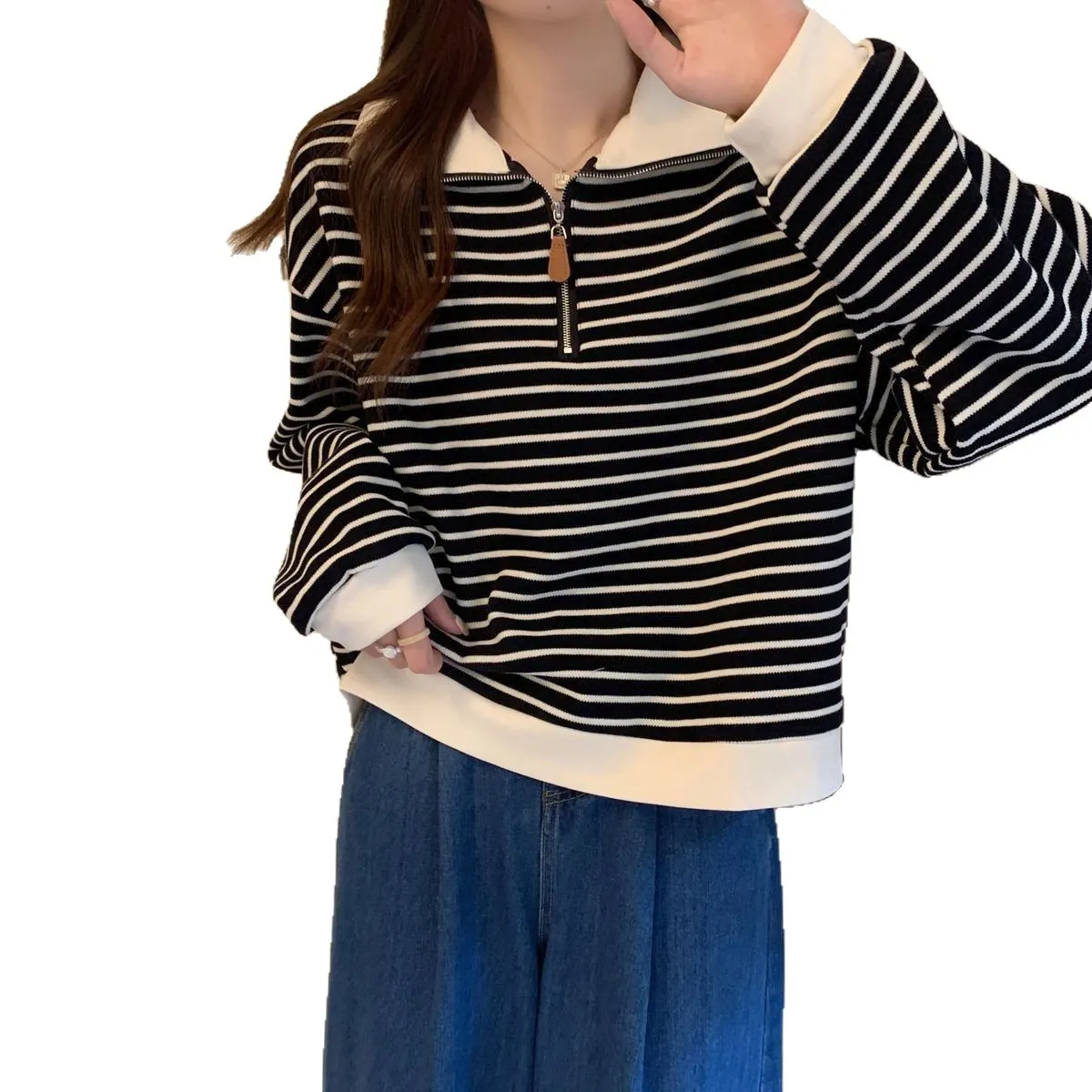 Women's Plus Size Striped Polo Sweatshirt - Autumn Loose Half-Zip Long Sleeve Top, American Style Trendy Casual Wear - Image 5