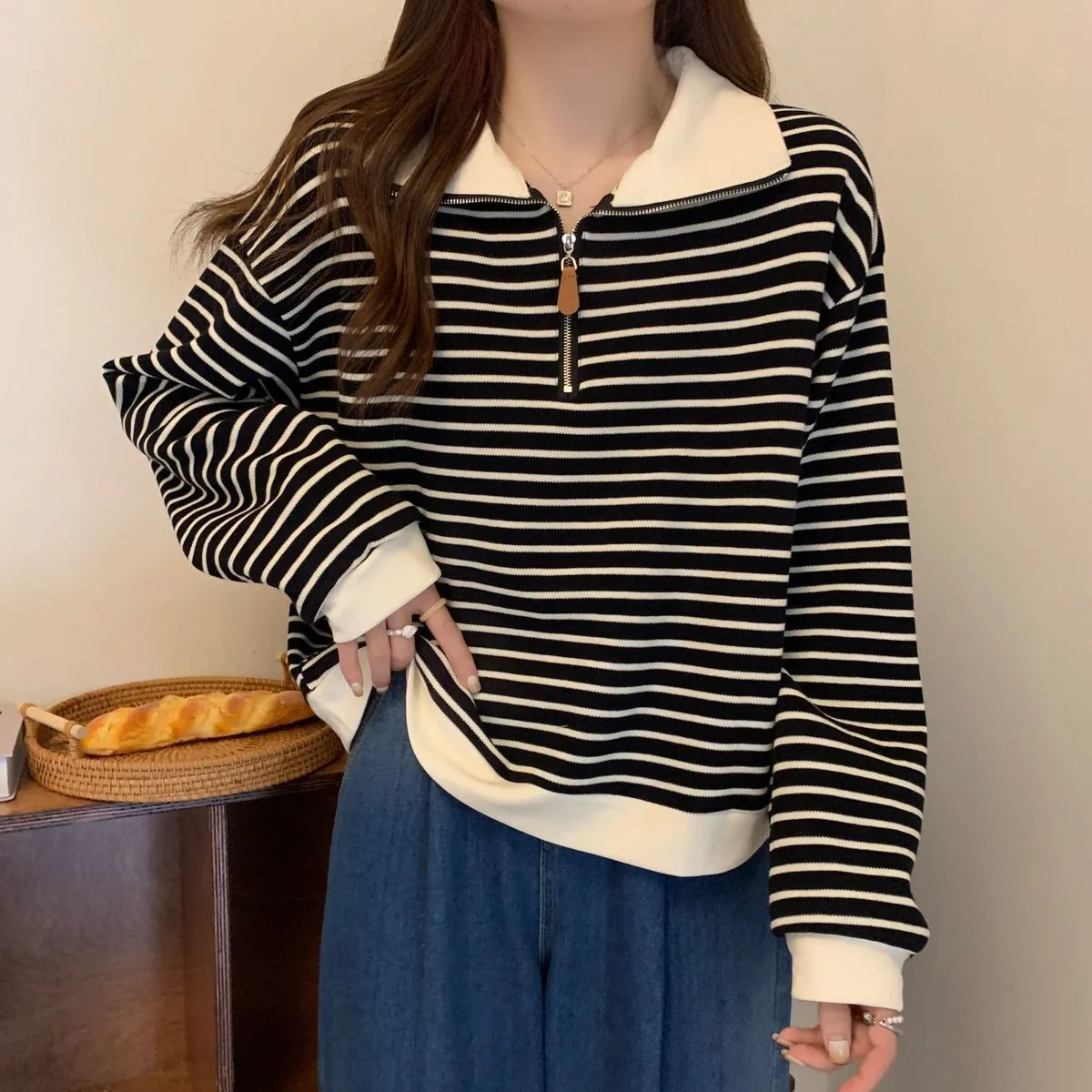 Women's Plus Size Striped Polo Sweatshirt - Autumn Loose Half-Zip Long Sleeve Top, American Style Trendy Casual Wear - Image 7