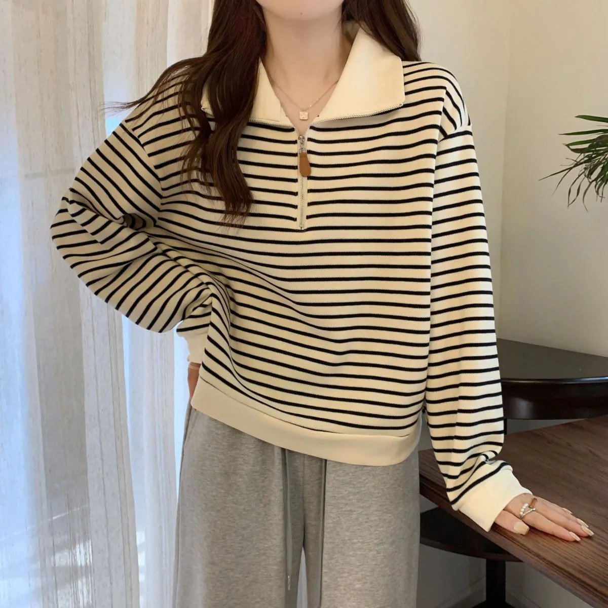 Women's Plus Size Striped Polo Sweatshirt - Autumn Loose Half-Zip Long Sleeve Top, American Style Trendy Casual Wear showcase 7