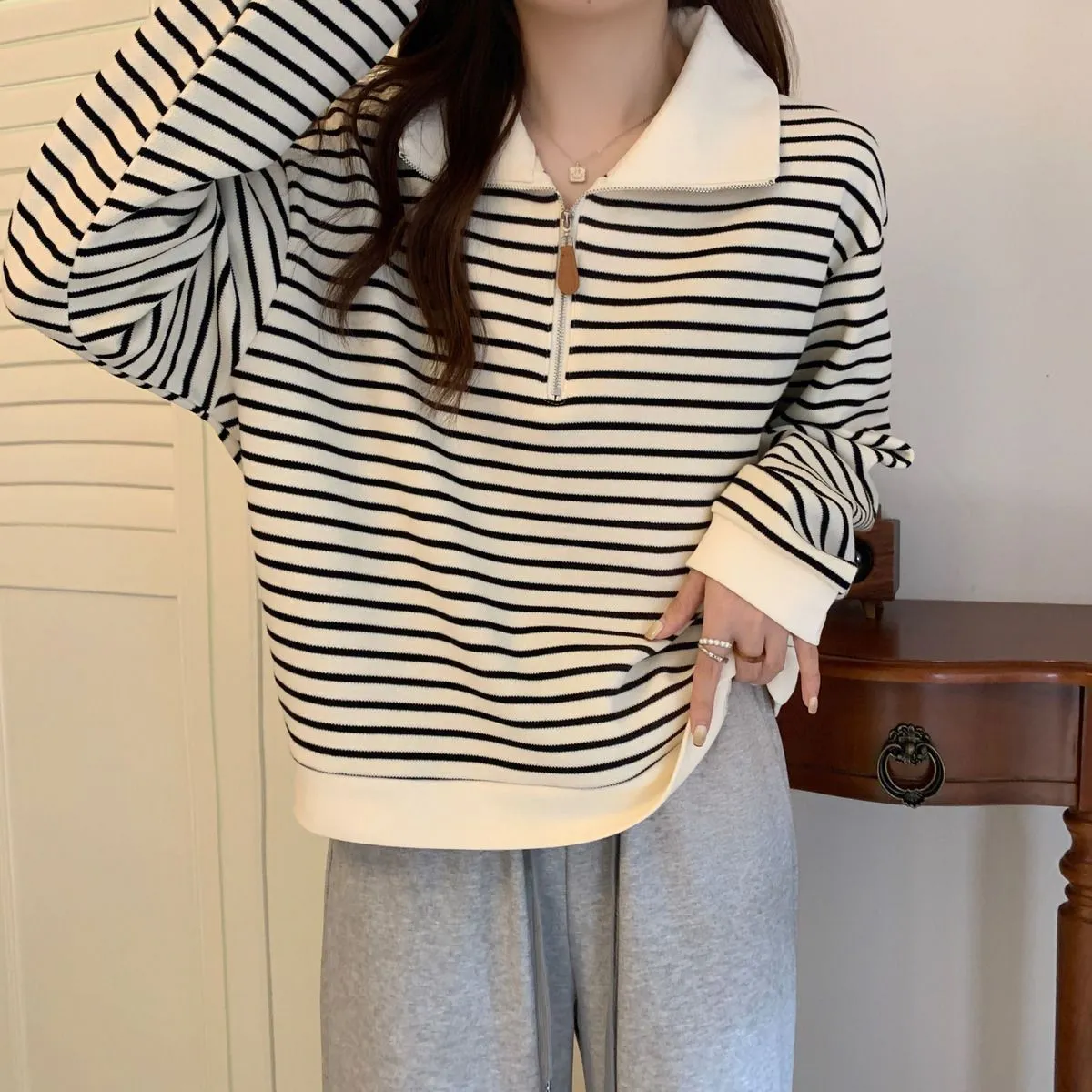 Women's Plus Size Striped Polo Sweatshirt - Autumn Loose Half-Zip Long Sleeve Top, American Style Trendy Casual Wear showcase 6
