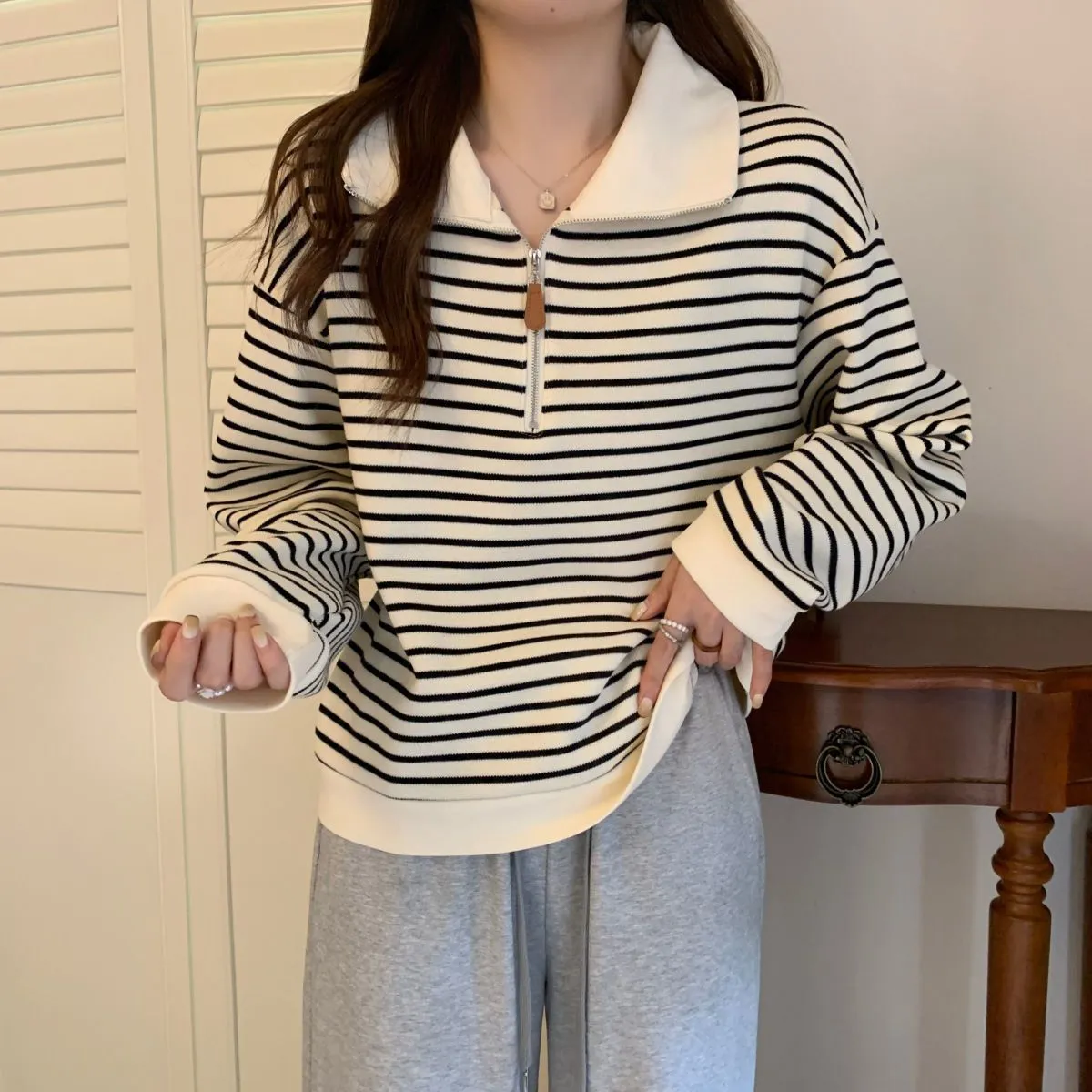 Women's Plus Size Striped Polo Sweatshirt - Autumn Loose Half-Zip Long Sleeve Top, American Style Trendy Casual Wear showcase 10
