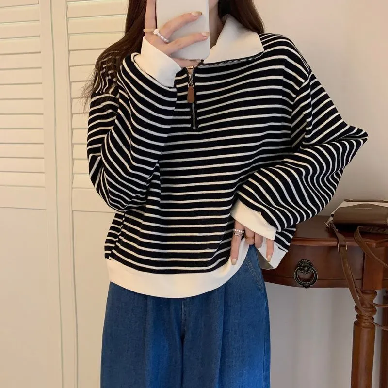 Women's Plus Size Striped Polo Sweatshirt - Autumn Loose Half-Zip Long Sleeve Top, American Style Trendy Casual Wear showcase 14