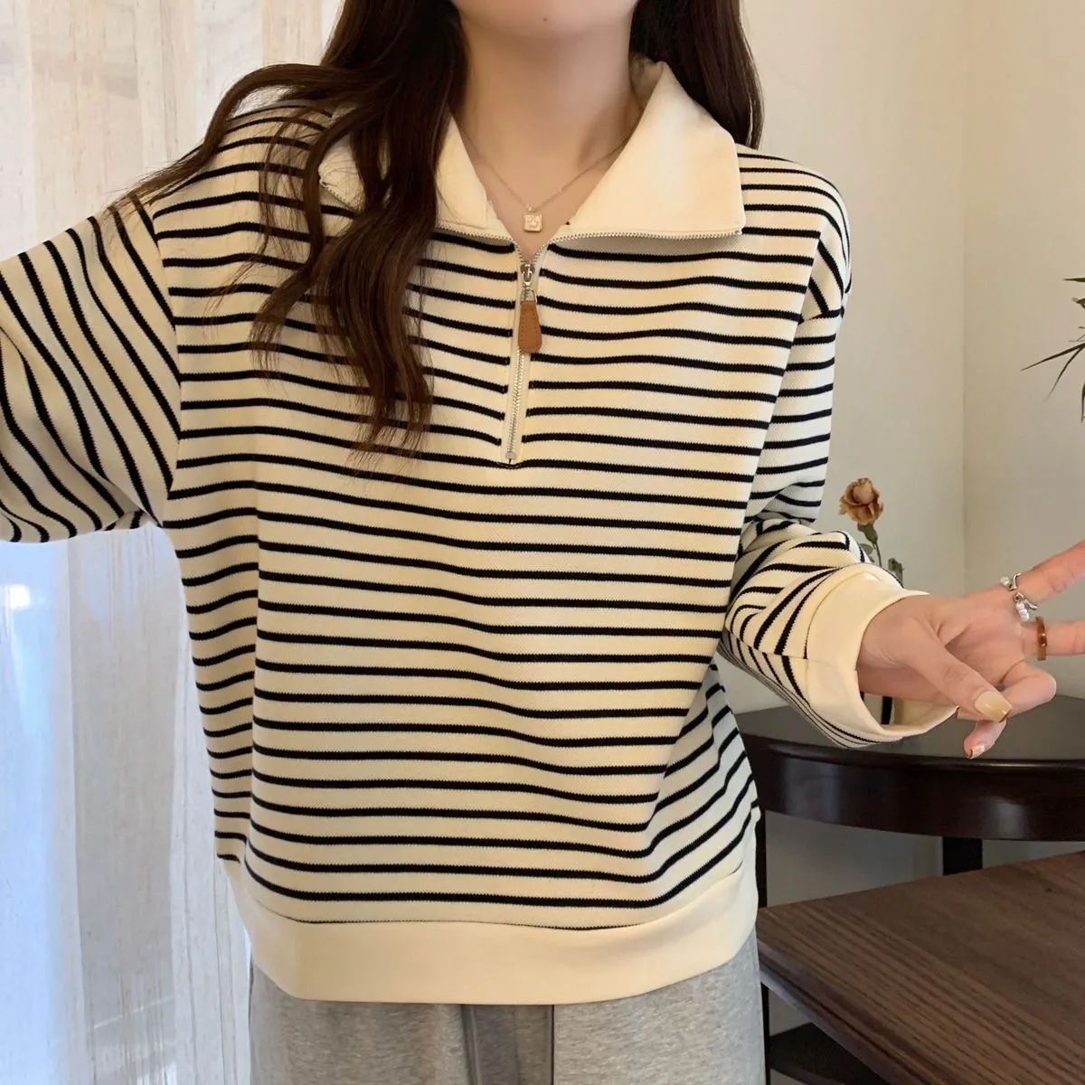 Women's Plus Size Striped Polo Sweatshirt - Autumn Loose Half-Zip Long Sleeve Top, American Style Trendy Casual Wear showcase 5