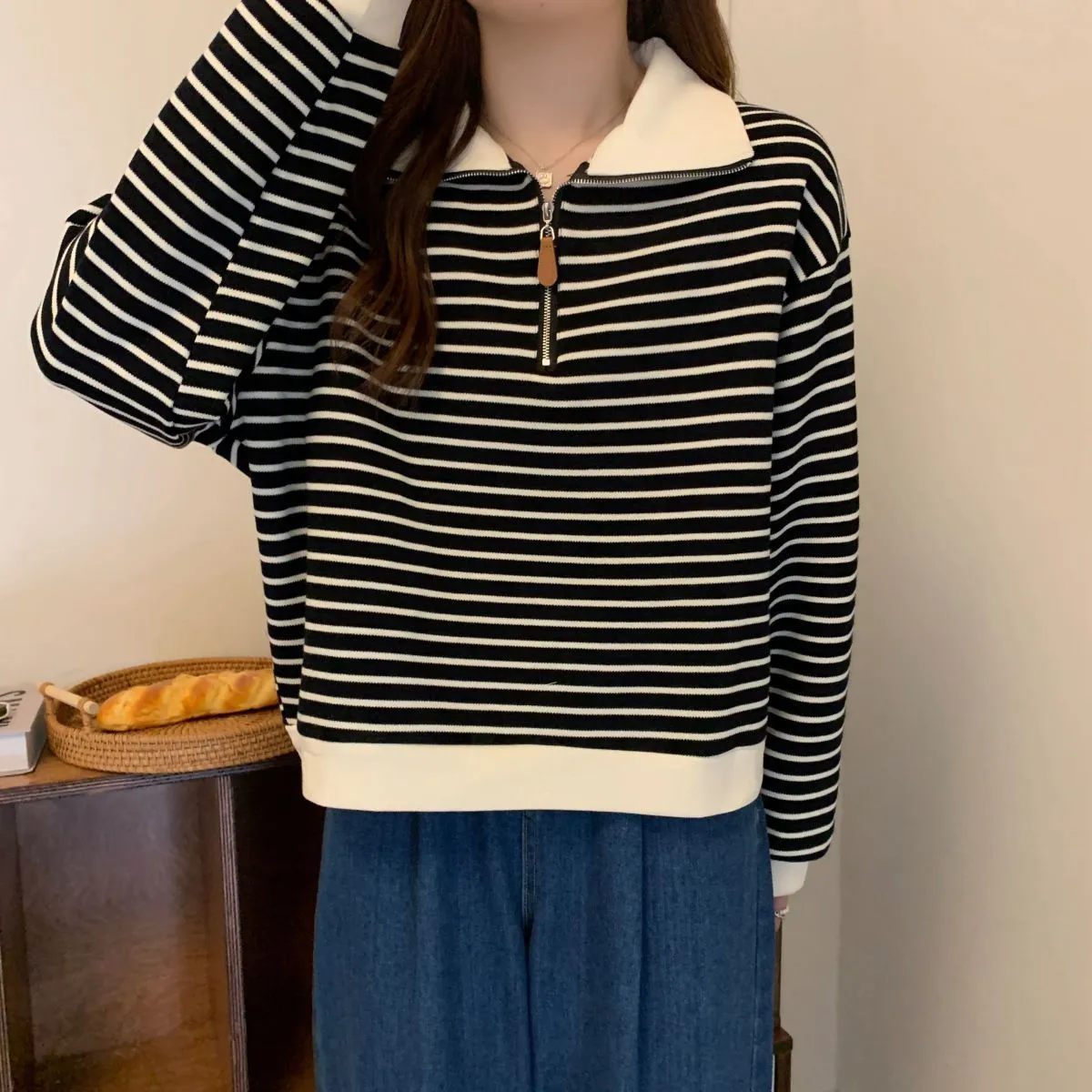 Women's Plus Size Striped Polo Sweatshirt - Autumn Loose Half-Zip Long Sleeve Top, American Style Trendy Casual Wear showcase 16