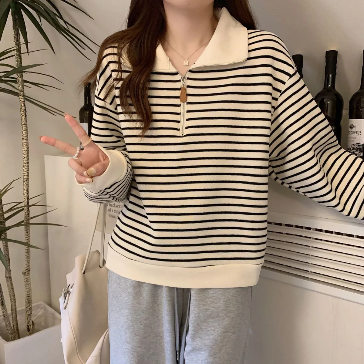 Women's Plus Size Striped Polo Sweatshirt - Autumn Loose Half-Zip Long Sleeve Top, American Style Trendy Casual Wear showcase 13