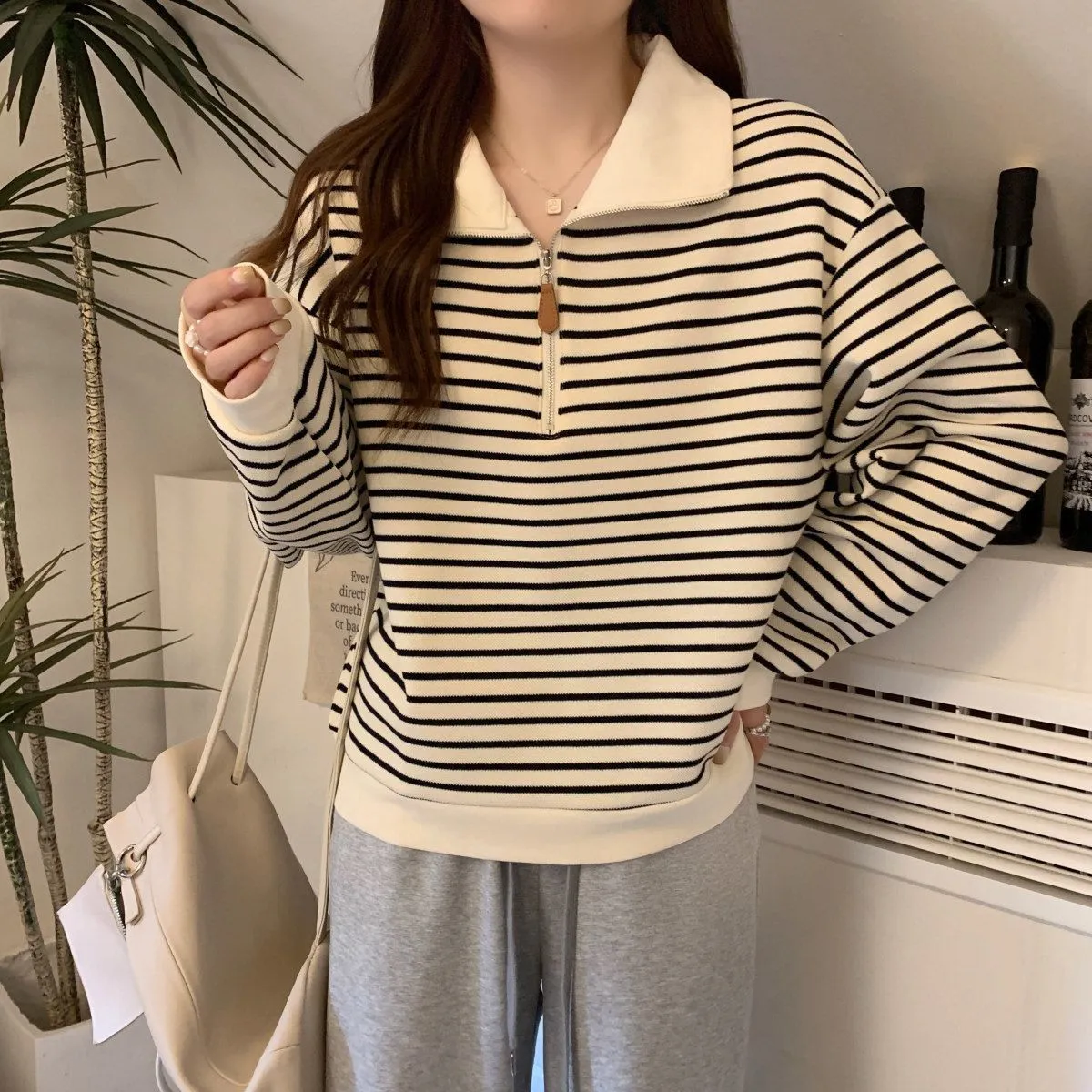 Women's Plus Size Striped Polo Sweatshirt - Autumn Loose Half-Zip Long Sleeve Top, American Style Trendy Casual Wear showcase 11