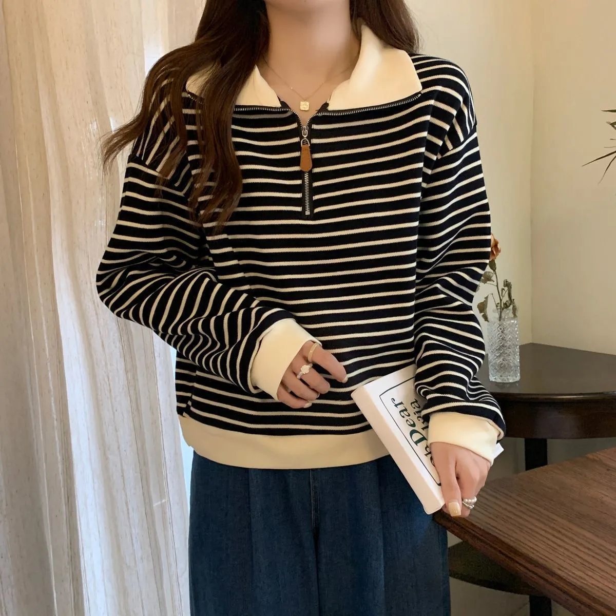 Women's Plus Size Striped Polo Sweatshirt - Autumn Loose Half-Zip Long Sleeve Top, American Style Trendy Casual Wear showcase 19