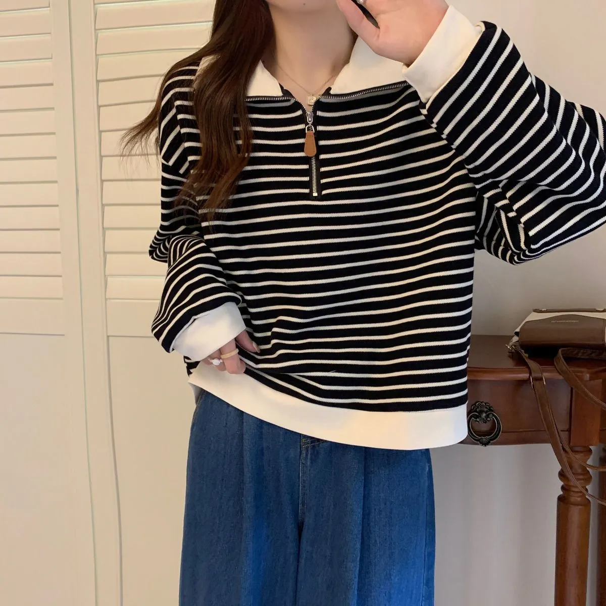 Women's Plus Size Striped Polo Sweatshirt - Autumn Loose Half-Zip Long Sleeve Top, American Style Trendy Casual Wear showcase 17