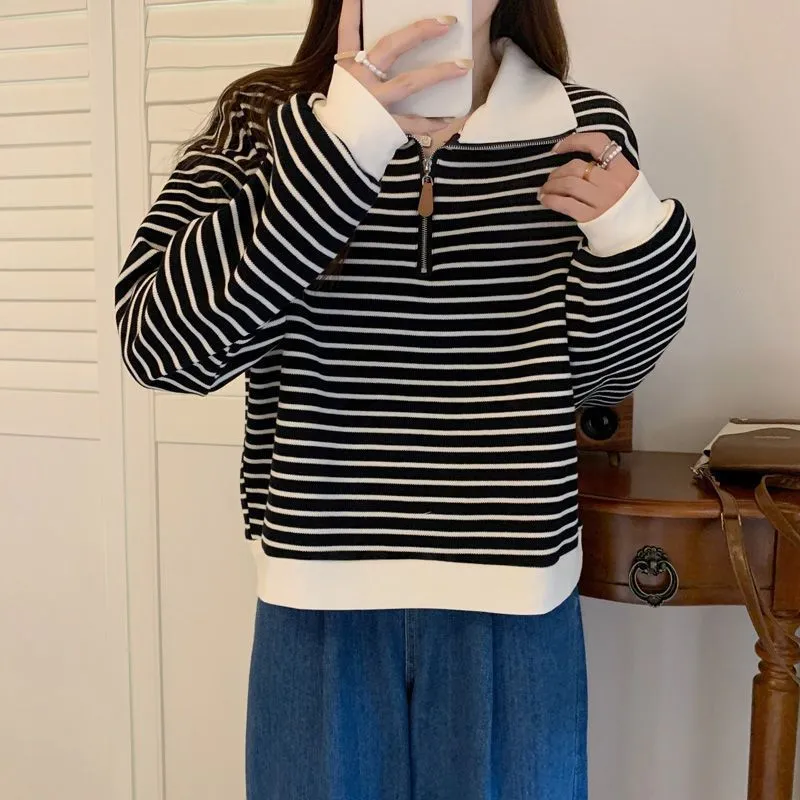 Women's Plus Size Striped Polo Sweatshirt - Autumn Loose Half-Zip Long Sleeve Top, American Style Trendy Casual Wear showcase 18