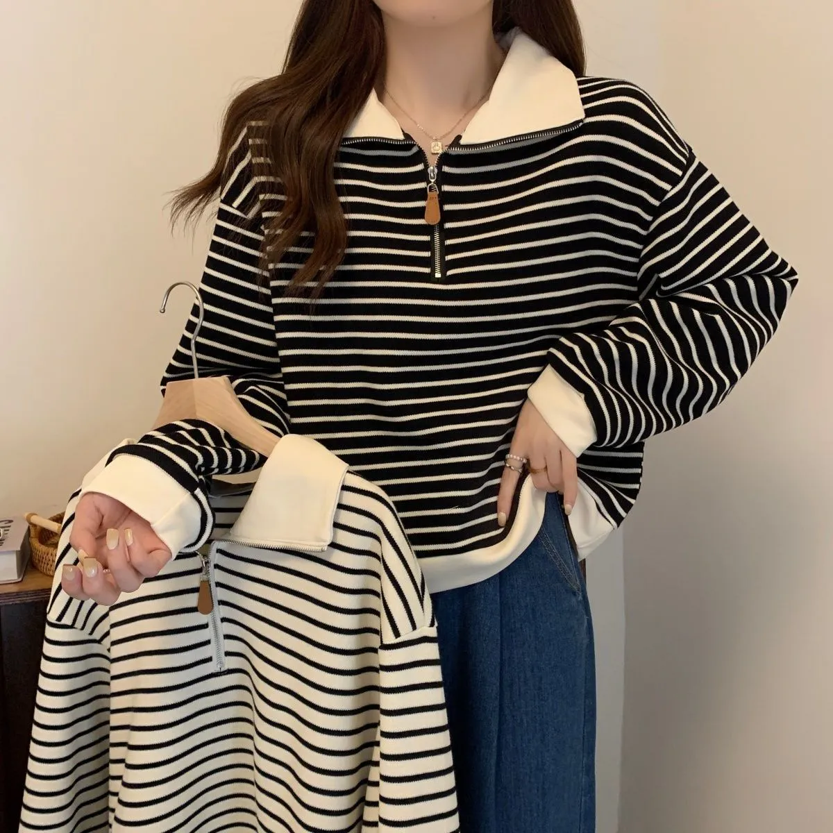 Women's Plus Size Striped Polo Sweatshirt - Autumn Loose Half-Zip Long Sleeve Top, American Style Trendy Casual Wear - Image 1