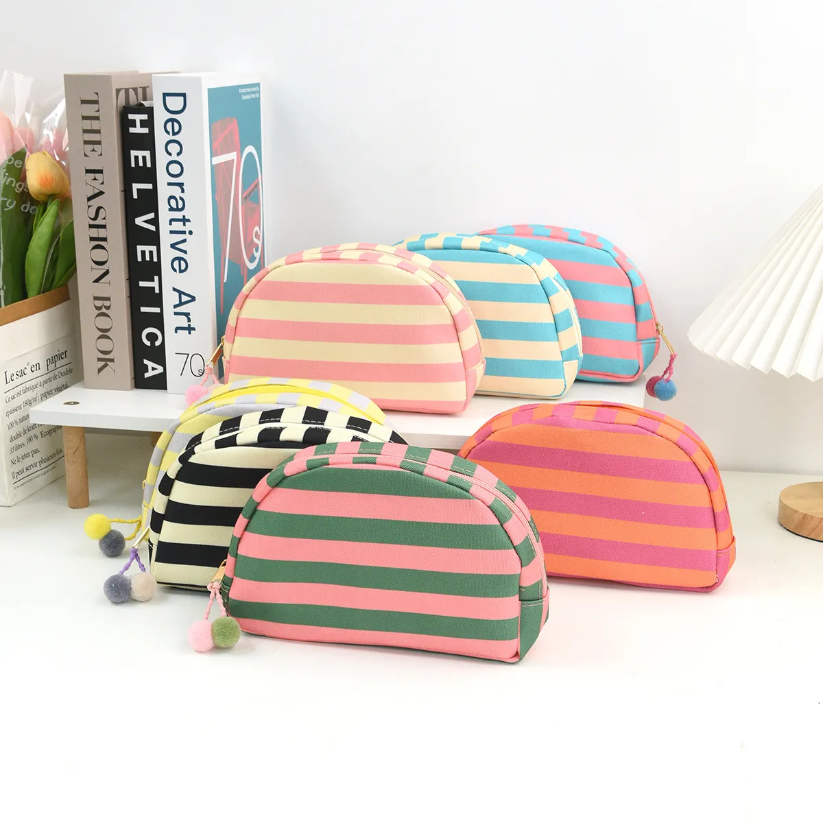Striped Shell Cosmetic Bag Large Capacity Dopamine Storage Pouch Simple Travel Makeup Organizer Bag for Women - Image 1
