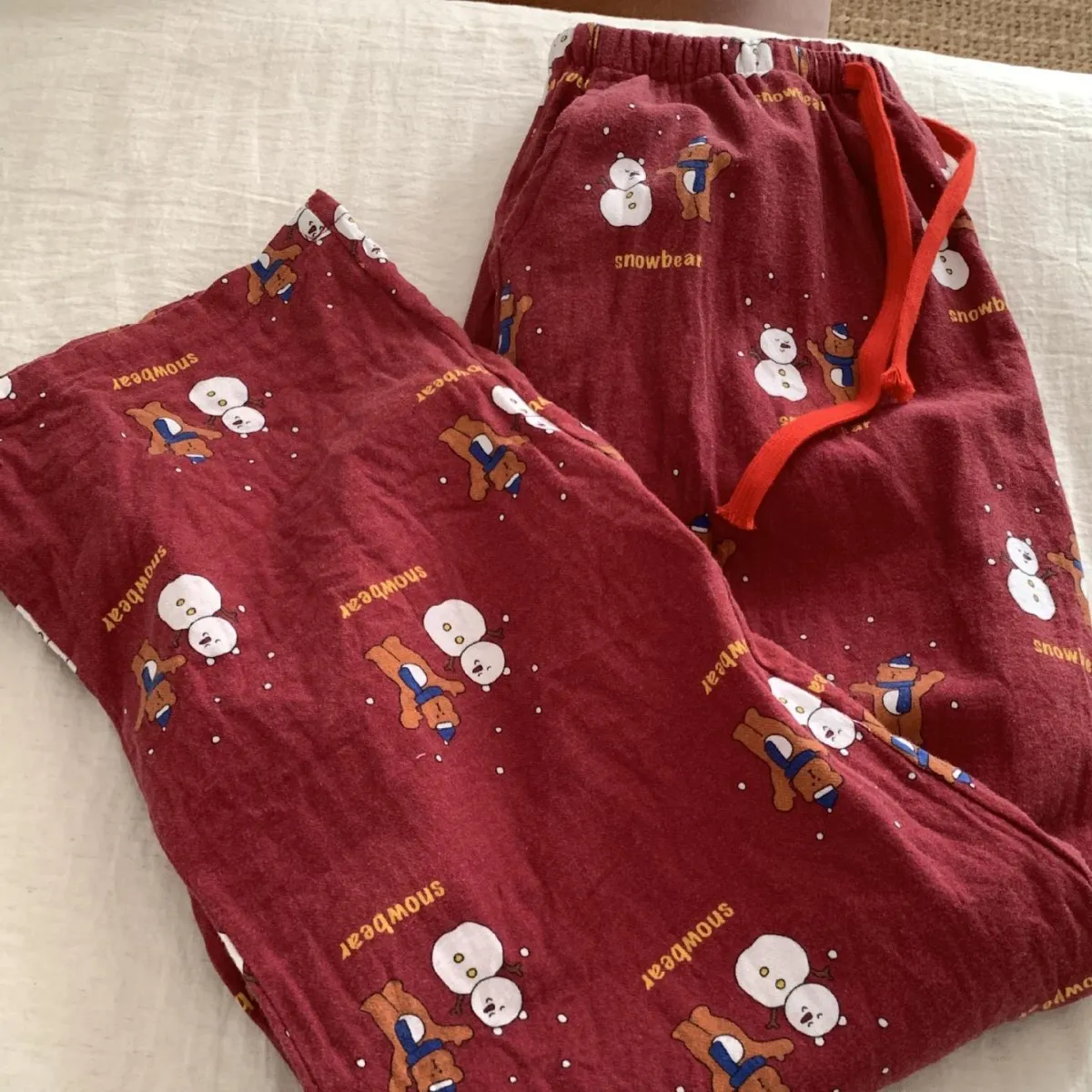 Autumn New Red Series 100% Cotton Pajama Pants Loose Fit Comfortable Cartoon Print Brushed Home Sleepwear for Women thumbnail 1