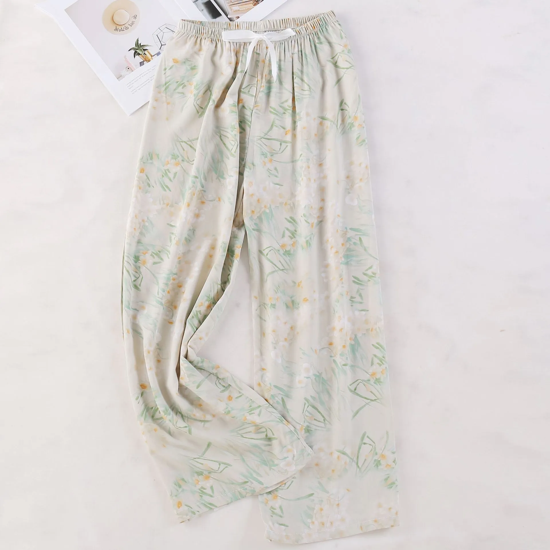 Women's Cotton Silk Printed Pajama Pants - Loose Fit Wide-Leg Cropped Loungewear for Pregnant Women, Comfortable Home Wear thumbnail 7
