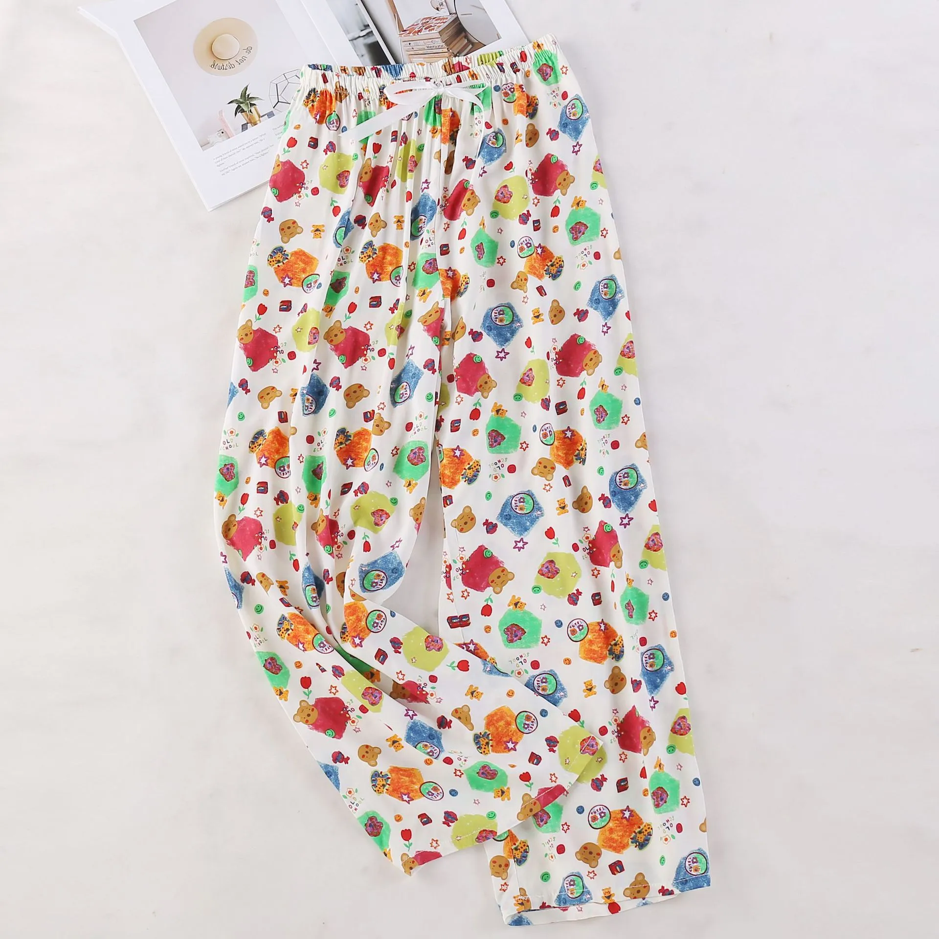 Women's Cotton Silk Printed Pajama Pants - Loose Fit Wide-Leg Cropped Loungewear for Pregnant Women, Comfortable Home Wear thumbnail 5