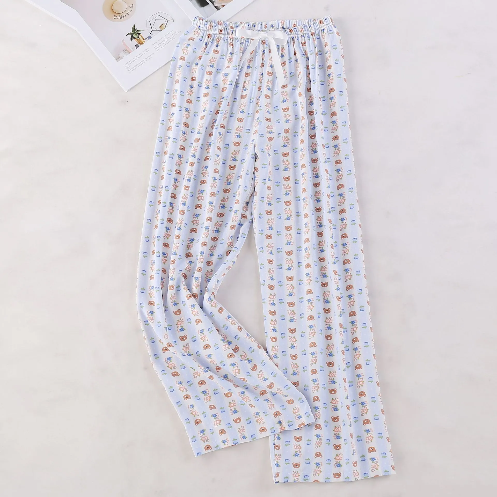 Women's Cotton Silk Printed Pajama Pants - Loose Fit Wide-Leg Cropped Loungewear for Pregnant Women, Comfortable Home Wear thumbnail 4