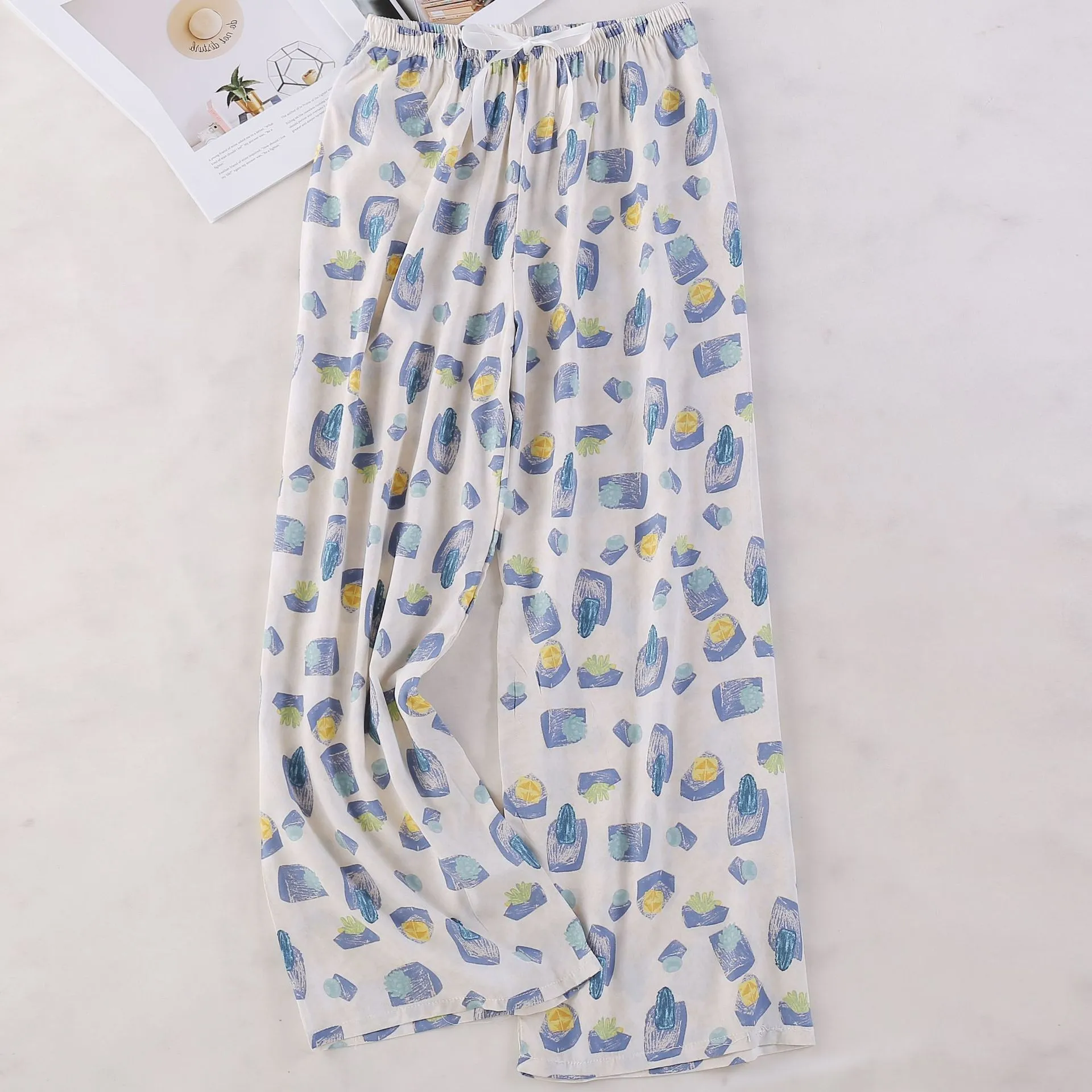 Women's Cotton Silk Printed Pajama Pants - Loose Fit Wide-Leg Cropped Loungewear for Pregnant Women, Comfortable Home Wear thumbnail 8