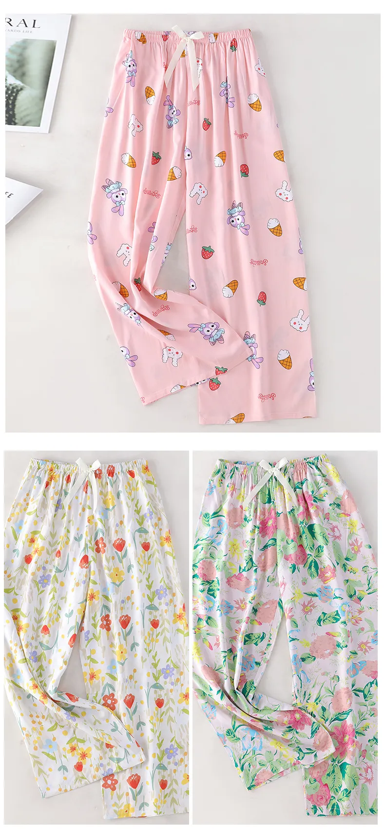 Women's Cotton Silk Printed Pajama Pants - Loose Fit Wide-Leg Cropped Loungewear for Pregnant Women, Comfortable Home Wear showcase 13