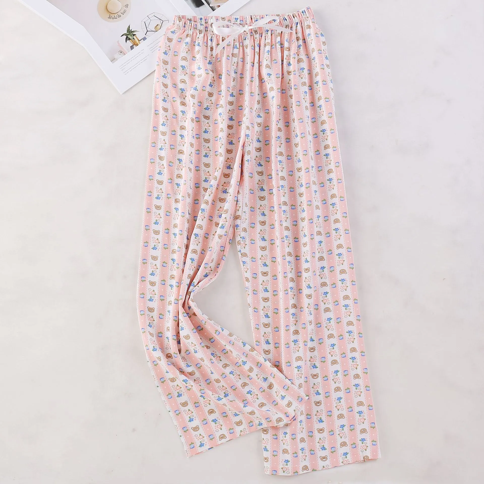 Women's Cotton Silk Printed Pajama Pants - Loose Fit Wide-Leg Cropped Loungewear for Pregnant Women, Comfortable Home Wear thumbnail 3