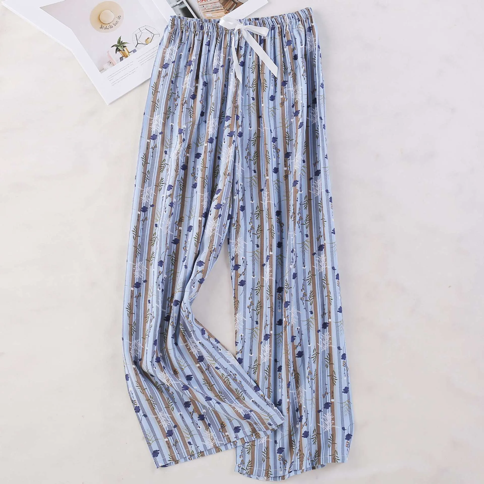 Women's Cotton Silk Printed Pajama Pants - Loose Fit Wide-Leg Cropped Loungewear for Pregnant Women, Comfortable Home Wear thumbnail 10