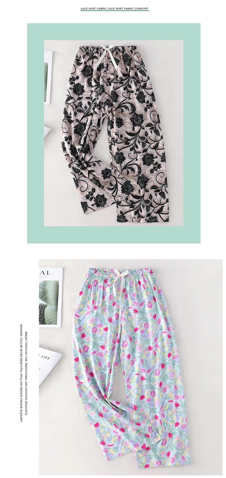 Women's Cotton Silk Printed Pajama Pants - Loose Fit Wide-Leg Cropped Loungewear for Pregnant Women, Comfortable Home Wear showcase 14