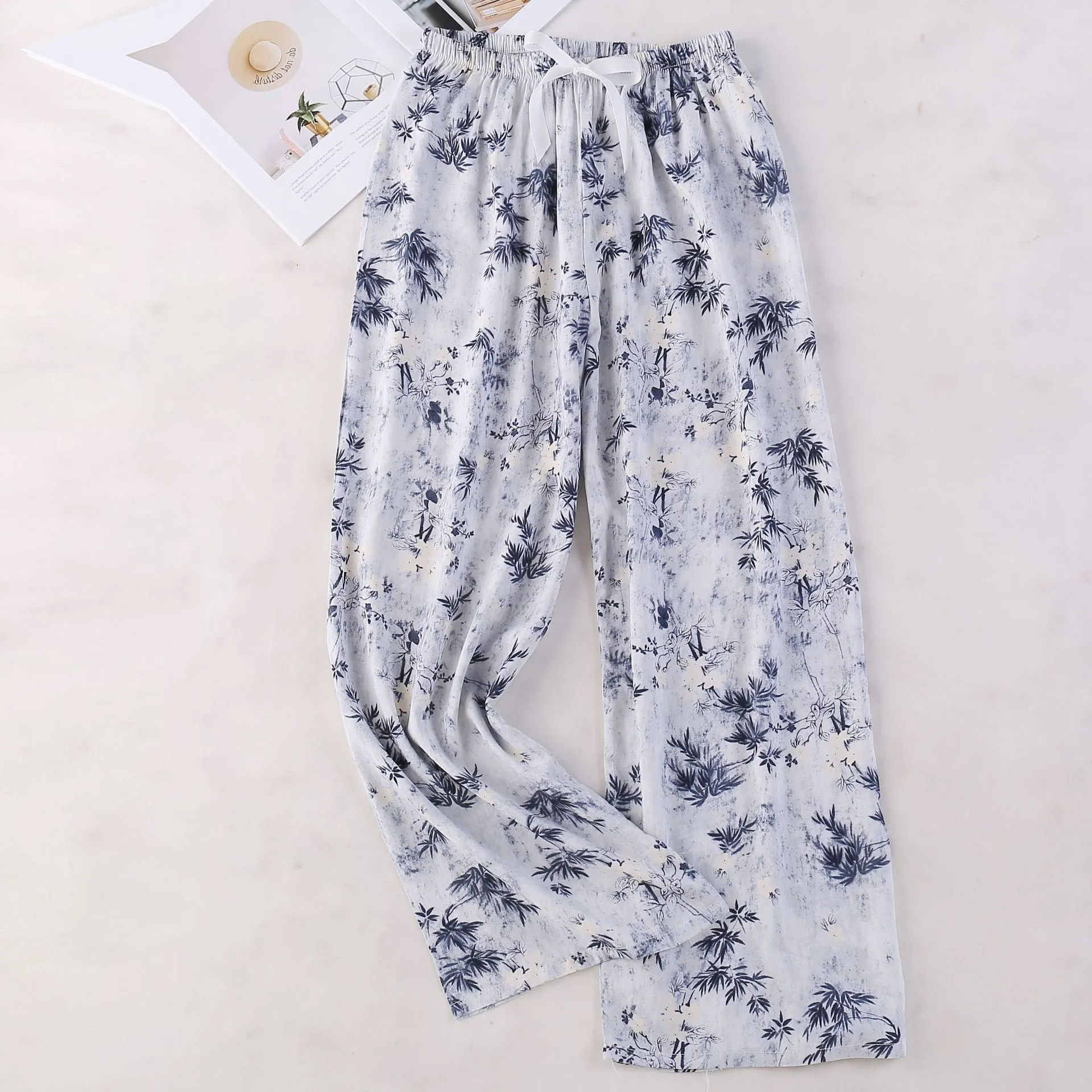 Women's Cotton Silk Printed Pajama Pants - Loose Fit Wide-Leg Cropped Loungewear for Pregnant Women, Comfortable Home Wear thumbnail 6