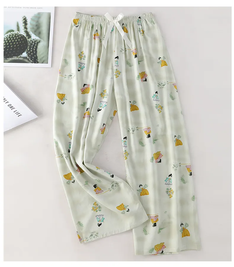 Women's Cotton Silk Printed Pajama Pants - Loose Fit Wide-Leg Cropped Loungewear for Pregnant Women, Comfortable Home Wear showcase 9