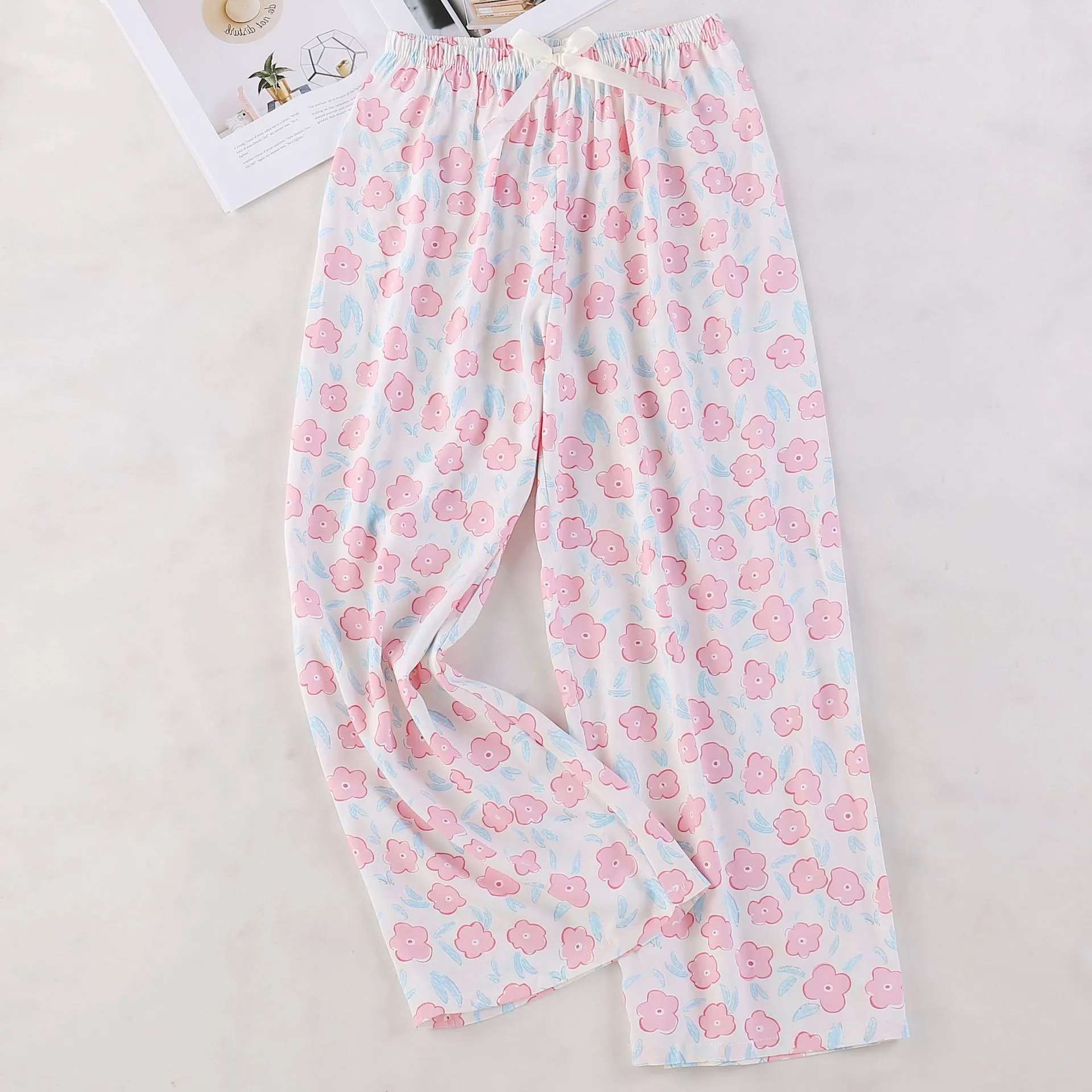 Women's Cotton Silk Printed Pajama Pants - Loose Fit Wide-Leg Cropped Loungewear for Pregnant Women, Comfortable Home Wear thumbnail 9