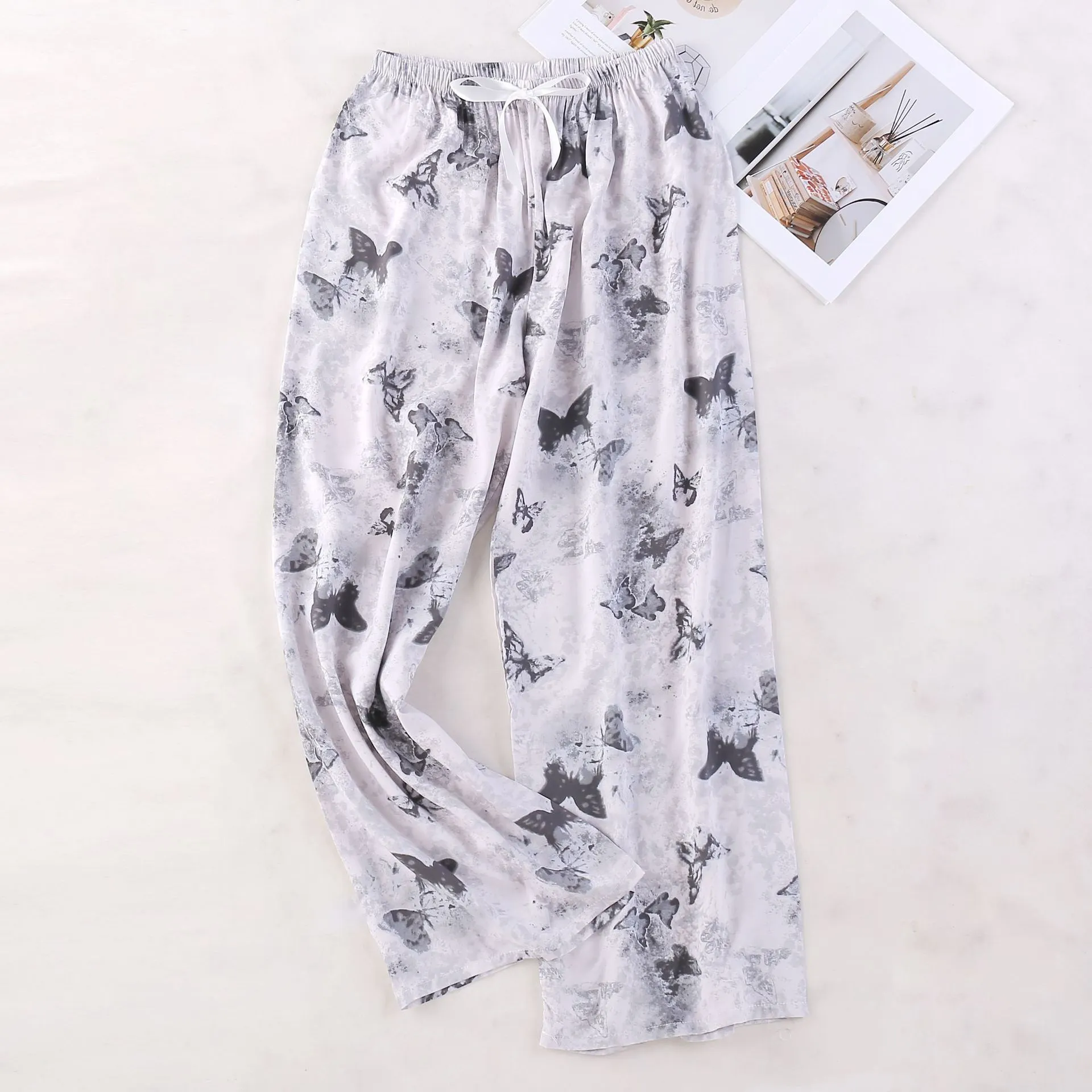 Women's Cotton Silk Printed Pajama Pants - Loose Fit Wide-Leg Cropped Loungewear for Pregnant Women, Comfortable Home Wear thumbnail 2