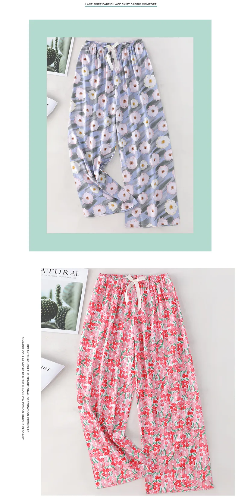 Women's Cotton Silk Printed Pajama Pants - Loose Fit Wide-Leg Cropped Loungewear for Pregnant Women, Comfortable Home Wear showcase 17