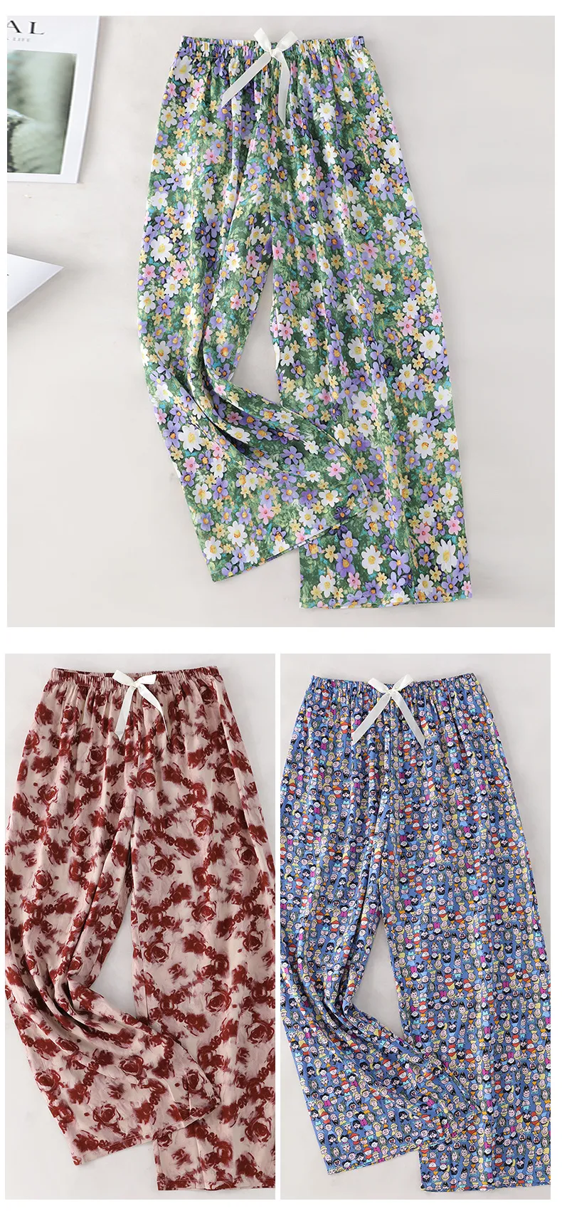 Women's Cotton Silk Printed Pajama Pants - Loose Fit Wide-Leg Cropped Loungewear for Pregnant Women, Comfortable Home Wear showcase 10