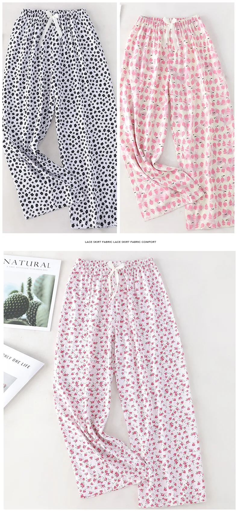 Women's Cotton Silk Printed Pajama Pants - Loose Fit Wide-Leg Cropped Loungewear for Pregnant Women, Comfortable Home Wear showcase 15