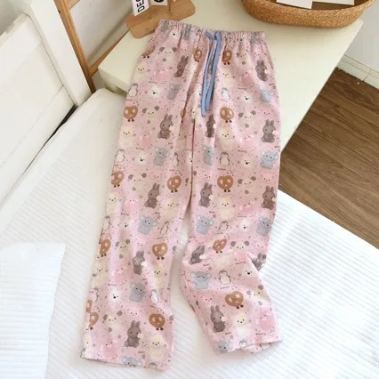 Soft Cotton Flannel Pajama Pants for Women - Cartoon Print, Loose Fit, Straight Leg, Plus Size, Comfortable Loungewear for Home thumbnail 2