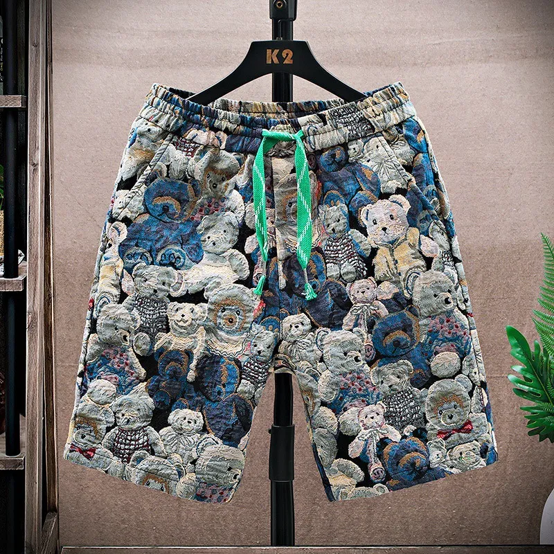 Men's 3D Cartoon Bear Embroidered Casual Shorts - Trendy Summer Breathable Cotton Blend Shorts for Daily Wear thumbnail 1