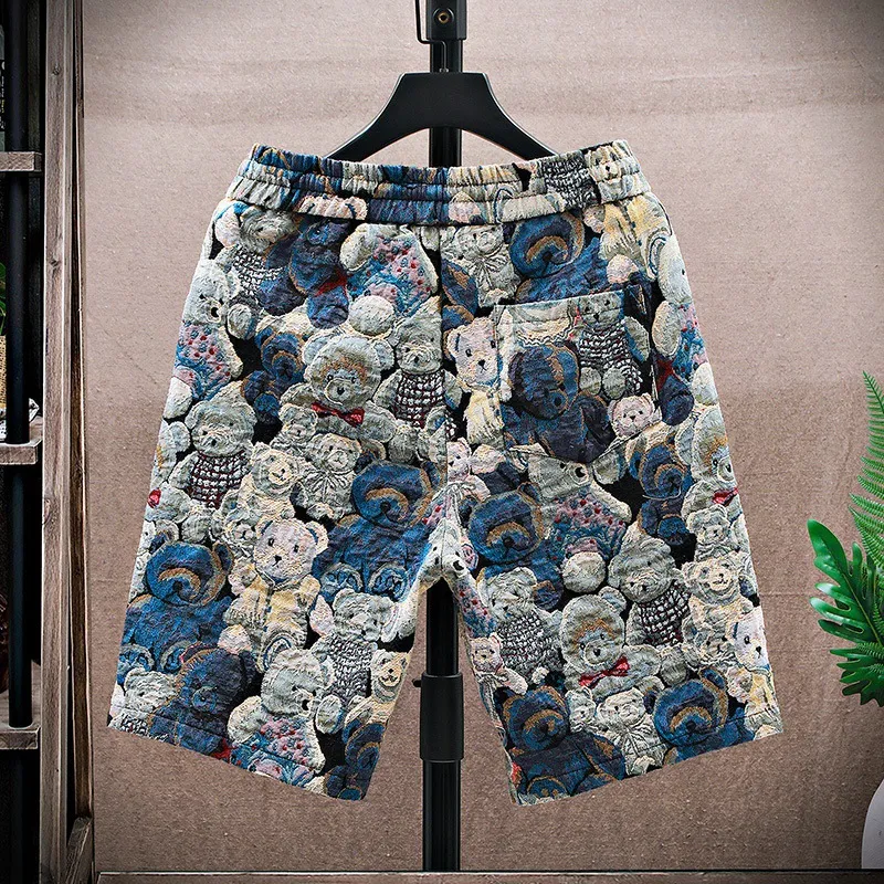 Men's 3D Cartoon Bear Embroidered Casual Shorts - Trendy Summer Breathable Cotton Blend Shorts for Daily Wear thumbnail 3