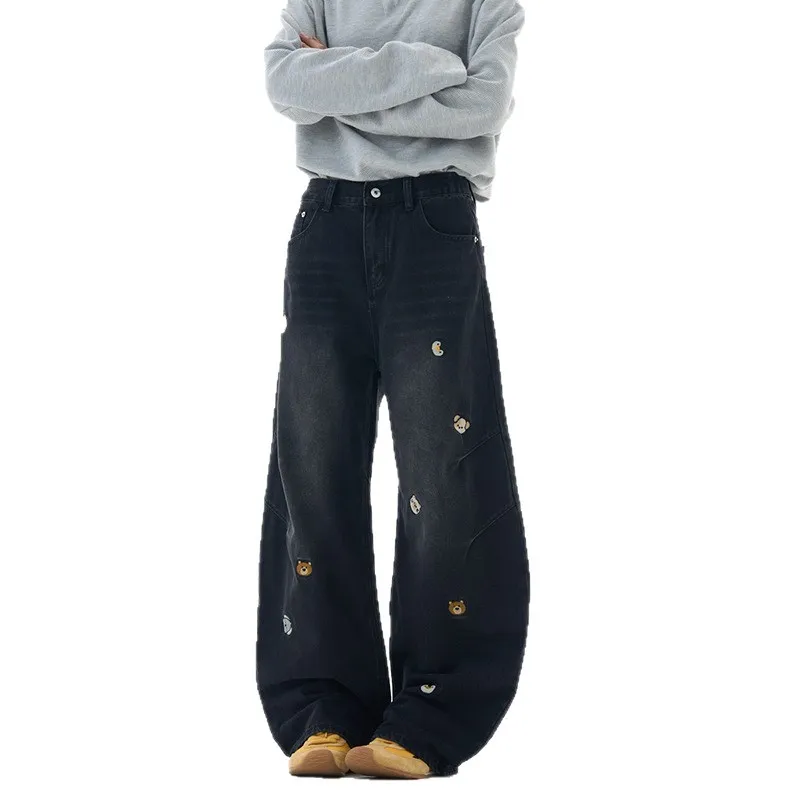 Men's Vintage Washed Loose Straight Leg Jeans with Cartoon Bear Embroidery - American Style Casual Denim Pants for Autumn thumbnail 5