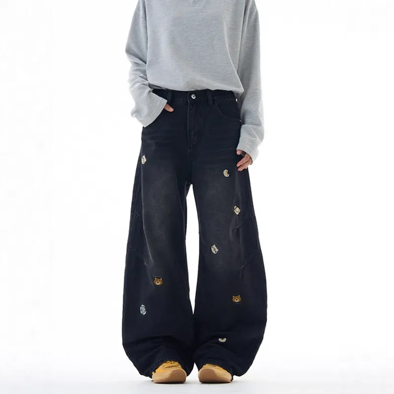Men's Vintage Washed Loose Straight Leg Jeans with Cartoon Bear Embroidery - American Style Casual Denim Pants for Autumn thumbnail 2