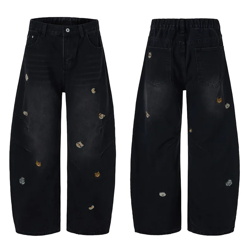 Men's Vintage Washed Loose Straight Leg Jeans with Cartoon Bear Embroidery - American Style Casual Denim Pants for Autumn thumbnail 7