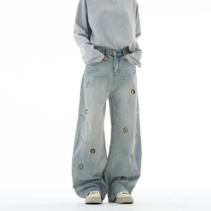 Men's Vintage Washed Loose Straight Leg Jeans with Cartoon Bear Embroidery - American Style Casual Denim Pants for Autumn thumbnail 3