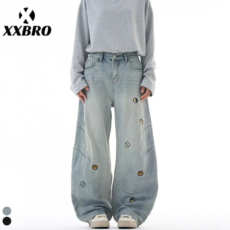Men's Vintage Washed Loose Straight Leg Jeans with Cartoon Bear Embroidery - American Style Casual Denim Pants for Autumn thumbnail 1