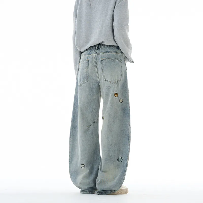 Men's Vintage Washed Loose Straight Leg Jeans with Cartoon Bear Embroidery - American Style Casual Denim Pants for Autumn thumbnail 4
