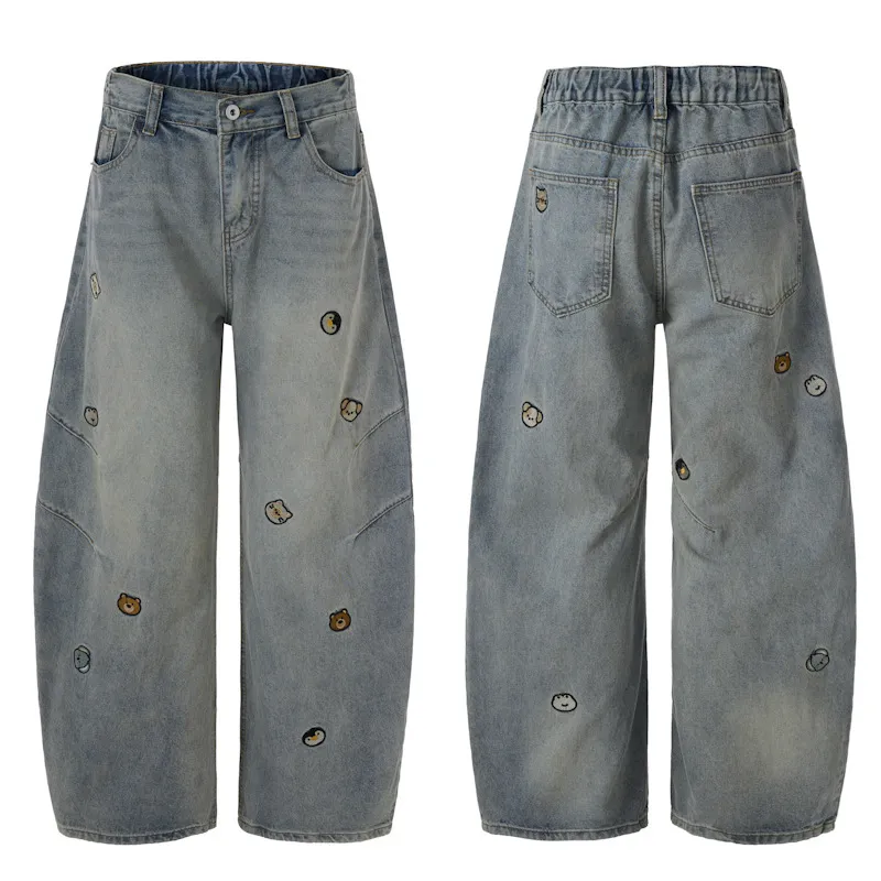 Men's Vintage Washed Loose Straight Leg Jeans with Cartoon Bear Embroidery - American Style Casual Denim Pants for Autumn thumbnail 6