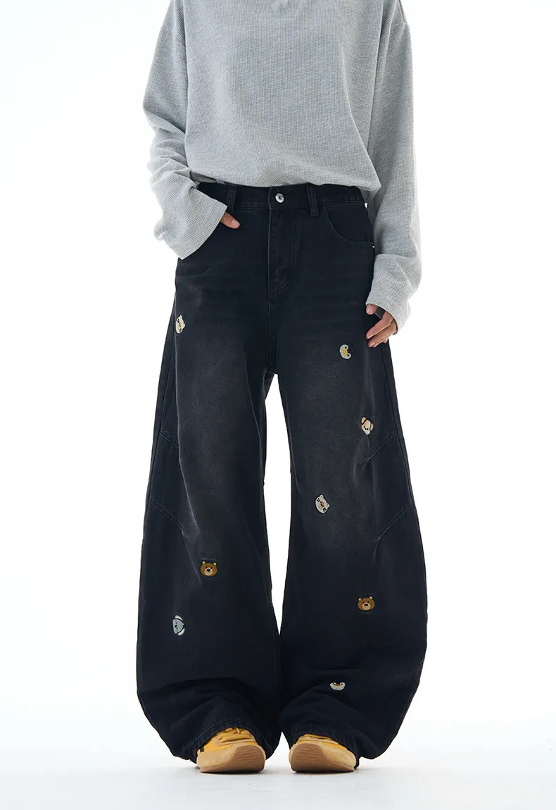 Men's Vintage Washed Loose Straight Leg Jeans with Cartoon Bear Embroidery - American Style Casual Denim Pants for Autumn showcase 2