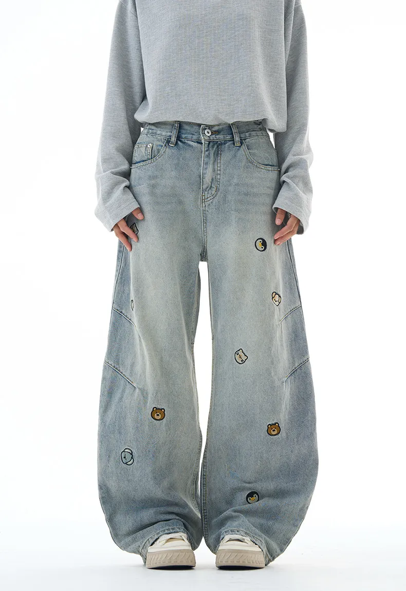 Men's Vintage Washed Loose Straight Leg Jeans with Cartoon Bear Embroidery - American Style Casual Denim Pants for Autumn showcase 3