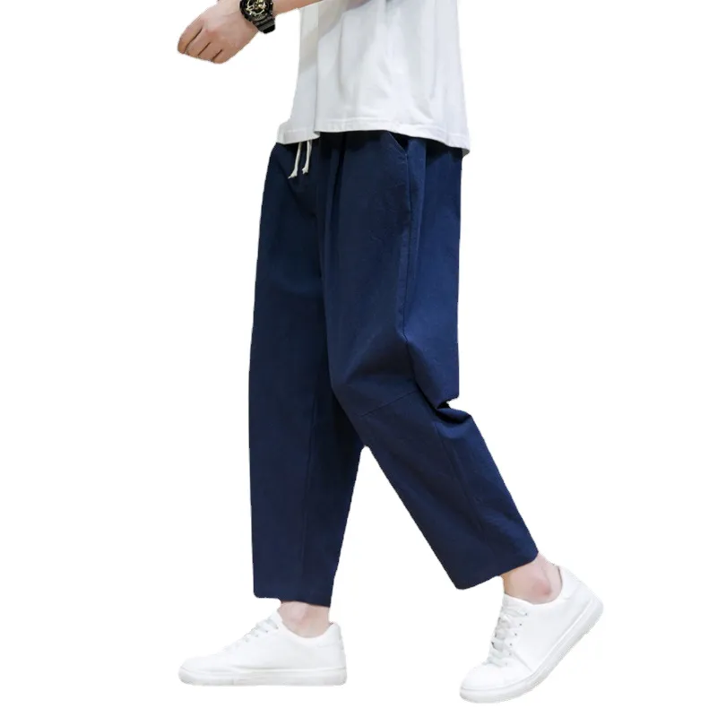 Men's Casual Cotton Linen Cropped Pants - Loose Fit Japanese Style Straight Leg Breathable Trousers for Summer thumbnail 5