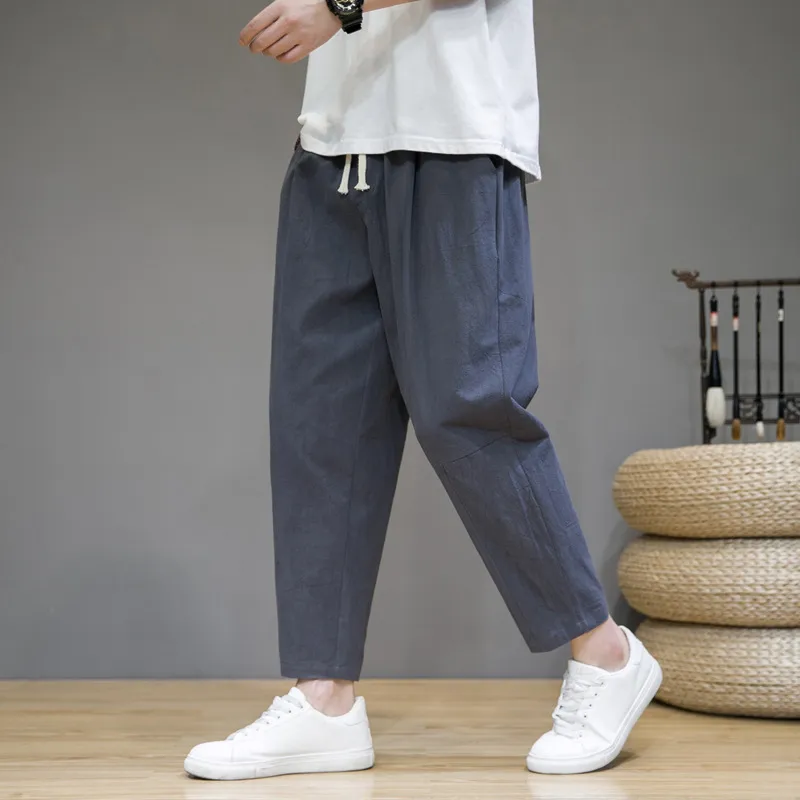 Men's Casual Cotton Linen Cropped Pants - Loose Fit Japanese Style Straight Leg Breathable Trousers for Summer thumbnail 10