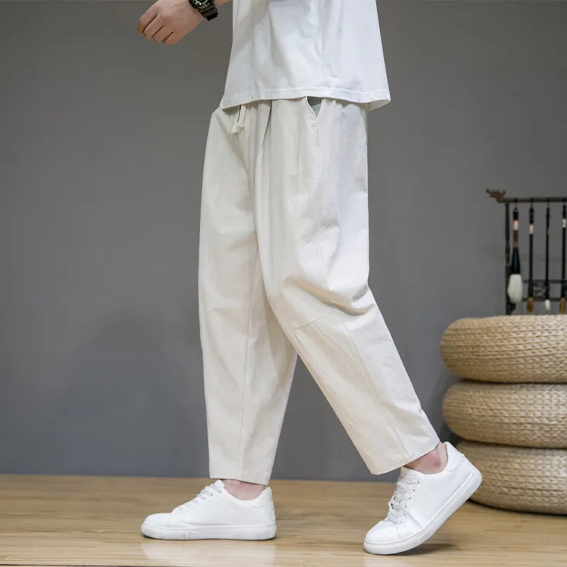 Men's Casual Cotton Linen Cropped Pants - Loose Fit Japanese Style Straight Leg Breathable Trousers for Summer thumbnail 4