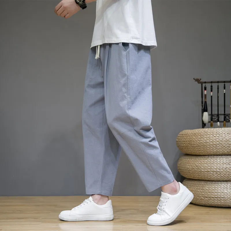 Men's Casual Cotton Linen Cropped Pants - Loose Fit Japanese Style Straight Leg Breathable Trousers for Summer thumbnail 2