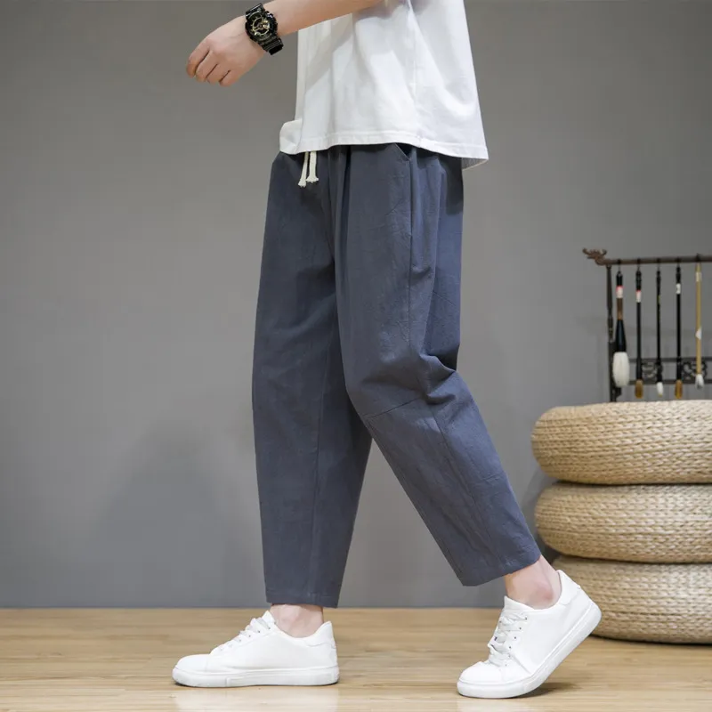 Men's Casual Cotton Linen Cropped Pants - Loose Fit Japanese Style Straight Leg Breathable Trousers for Summer thumbnail 3