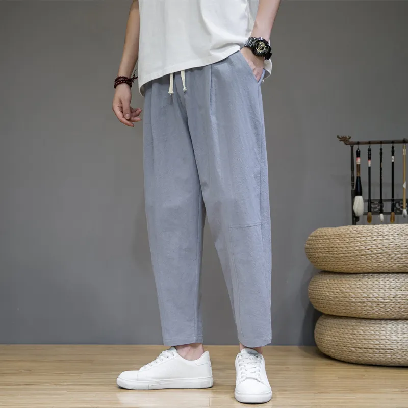 Men's Casual Cotton Linen Cropped Pants - Loose Fit Japanese Style Straight Leg Breathable Trousers for Summer thumbnail 9